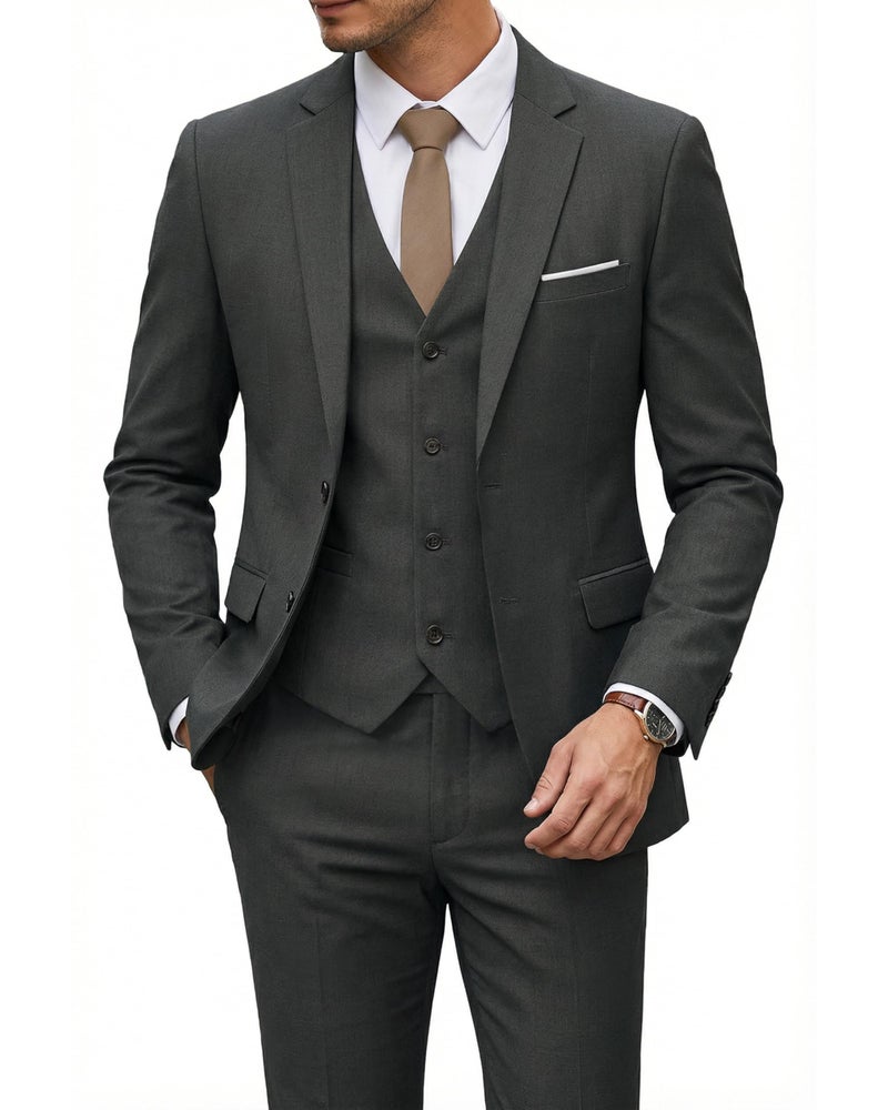 YND Men's 3 Piece Suit Set with Tie, 2 Button Slim Fit Solid Blazer Jacket Vest Pants, Business Wedding Party Suits for Men, Deep Grey - Image 1